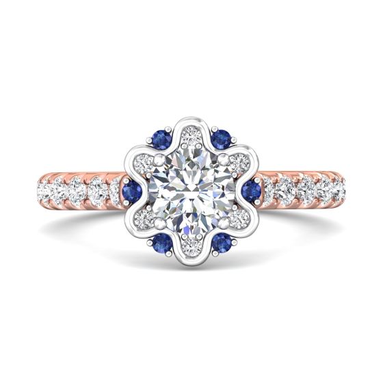 Halo Sapphire and Diamond Engagement Ring Round Cut Pave Setting Side Stones-18K Rose