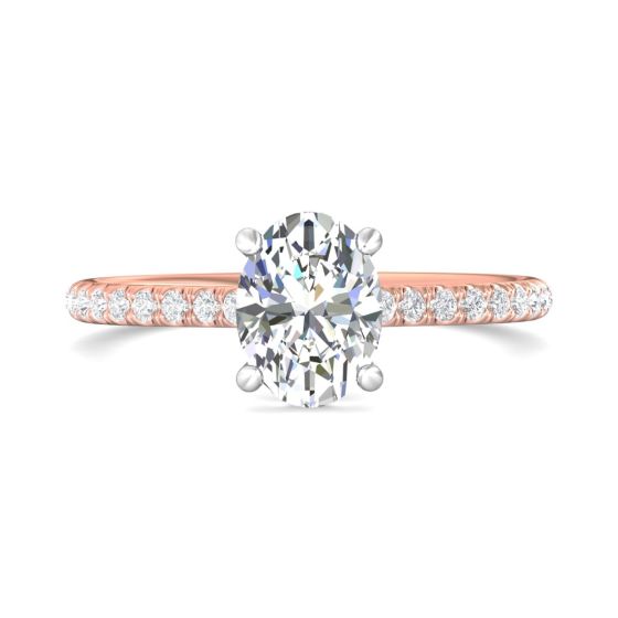 Pave Setting Side Stones Hidden Halo Oval Cut Diamond Engagement Ring In 18K Two Tone White And Rose Gold