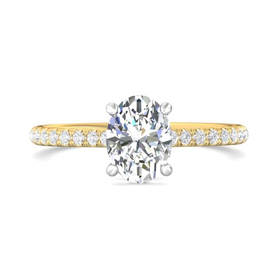 Hidden Halo Pave Setting Oval Cut Diamond Engagement Ring In 18K Two Tone White and Yellow Gold