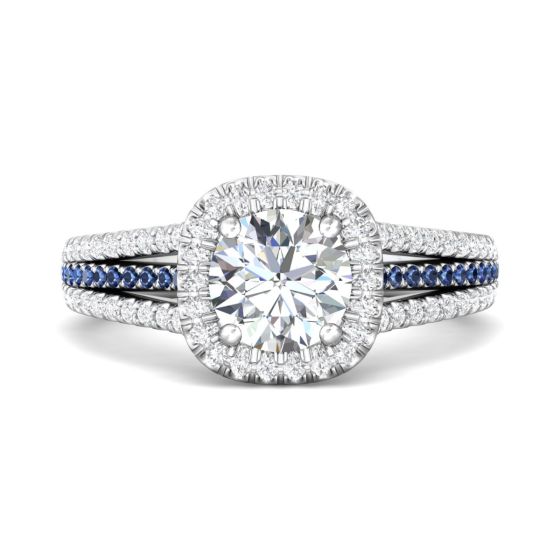 Diamond Sapphire Halo Engagement Ring Triple Band Pave Setting 