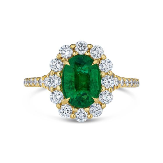 Emerald Diamond Halo Engagement Ring Oval Cut 4 Claw Setting In 18K Yellow Gold 