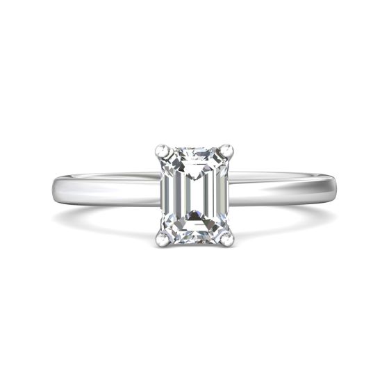 Emerald Cut Solitaire Diamond Engagement Ring 4 Claw Setting In a Plain Half Round Shape Band in 18K White