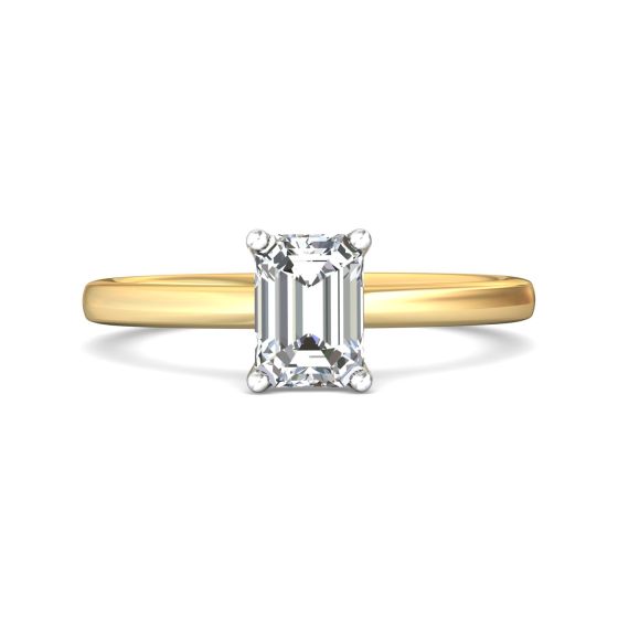 Emerald Cut Solitaire Diamond Engagement Ring 4 Claw Setting In a Plain Half Round Shape Band-18K Yellow