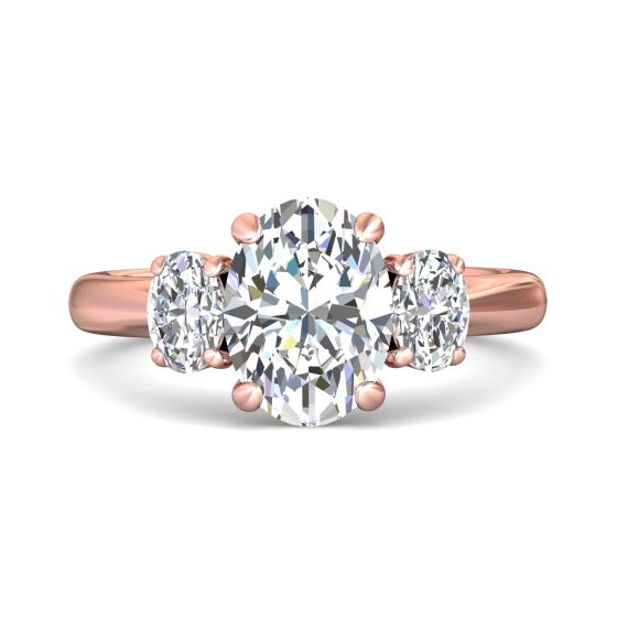 Oval Cut Trilogy 3 Stones Diamond Ring with Oval Cut Side Stones Claw Setting -18K Rose