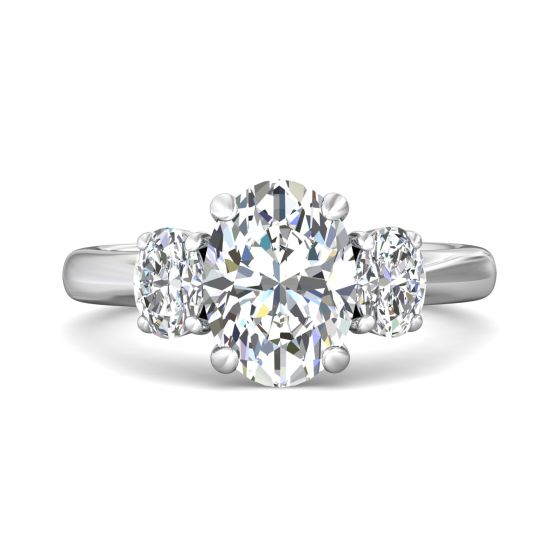 Oval Cut Trilogy 3 Stones Diamond Ring with Oval Cut Side Stones Claw Setting -Platinum