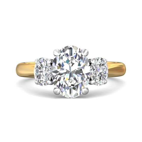 Oval Cut Trilogy 3 Stones Diamond Ring with Oval Cut Side Stones Claw Setting -18K Yellow