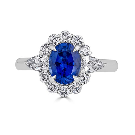 Oval Cut Halo Trilogy Sapphire and Diamond Ring Claw Set In 18K White Gold