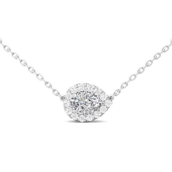 Pear Shape Diamond Halo Necklace Lab Grown Pave Setting With Curb Link Chain  In 18K White Gold 