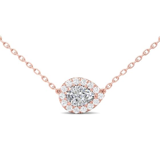 1.00CT Pear Shape Halo Pendant Necklace Lab Grown Diamond 3 Claw Setting with Adjustable Curb Link Chain In 18K Rose Gold 