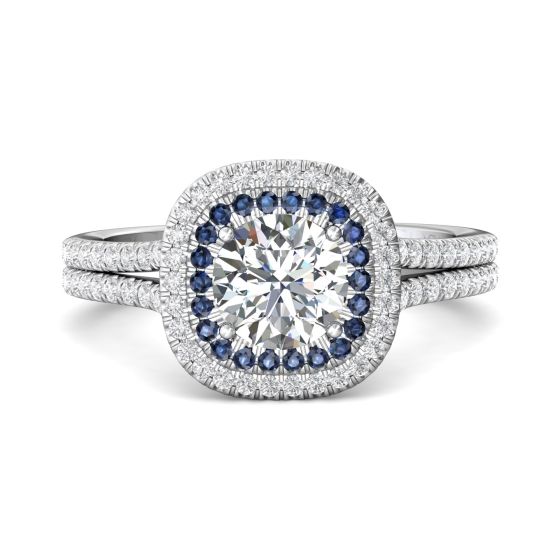 Double Halo Split Band Round Cut Diamond and Sapphire Engagement Ring Pave Setting -Platinum