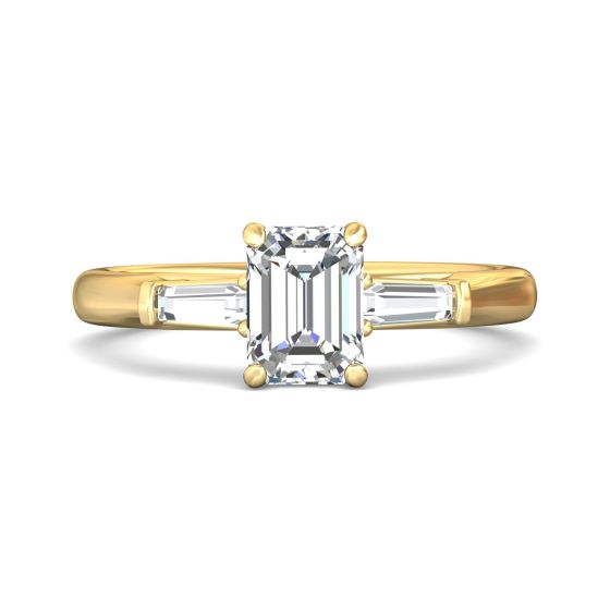 Emerald Cut 3 Stones Diamond Engagement Ring Tapered Baguette Side Stones in 18K Yellow