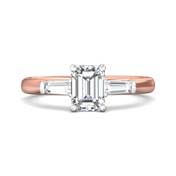 Emerald Cut 3 Stones Diamond Engagement Ring Tapered Baguette Side Stones -18K Rose