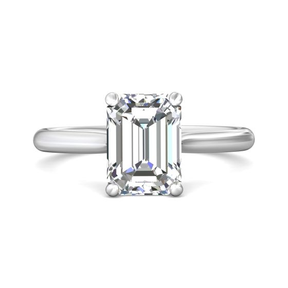 Emerald Cut Solitaire Diamond Engagement Ring With a Tapered Plain Band in 18K White