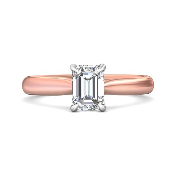 Emerald cut Solitaire 4 Claw Diamond Engagement Ring In a Plain Band -18K Rose