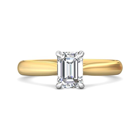 Emerald cut Solitaire 4 Claw Diamond Engagement Ring In a Plain Band -18K Yellow