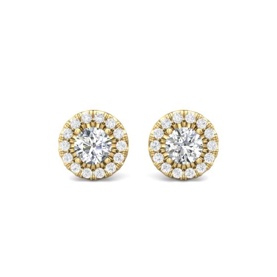 Halo Style Round Cut Diamond Earring 4 Claw Setting Secured friction backings In 18K Yellow Gold