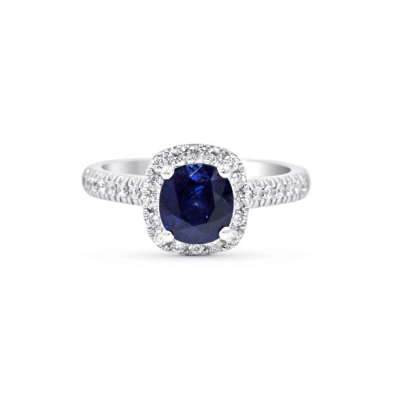 Halo Cushion Cut Blue Sapphire Diamond Engagement Ring In 18 Karat White Gold