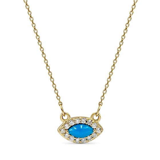 18K Yellow Gold Diamond Evil Eye Natural Turquoise Marquise Cut Necklace 