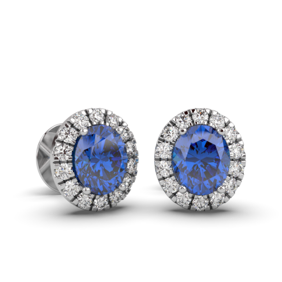 Natural Blue Sapphire Halo Diamond Earring Pave Setting In 18K White Gold 