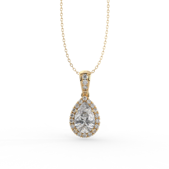 Halo Diamond Pear Cut Pendant 4 Claw Setting Centre Stone In 18K Yellow Gold 