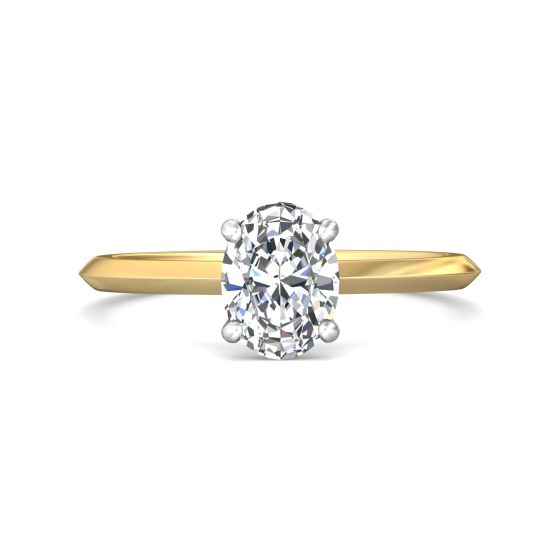 Oval Cut Solitaire Diamond Engagement Ring 4 Claw Setting In a Knife Edge Plain Band -18K Yellow