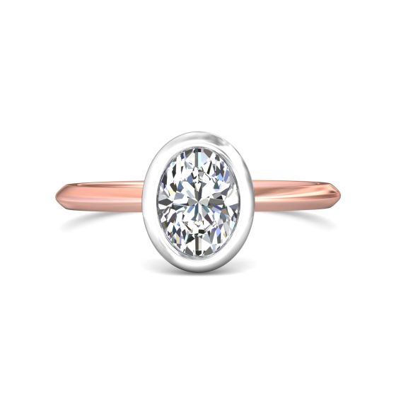 Oval Cut Bezel Setting Diamond Engagement Ring In a Plain Knife Edge Band-18K Rose