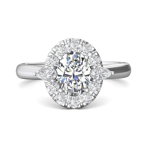  Three Stone Oval and Pear Cut Halo Diamond Engagement Ring In 18K White Gold 