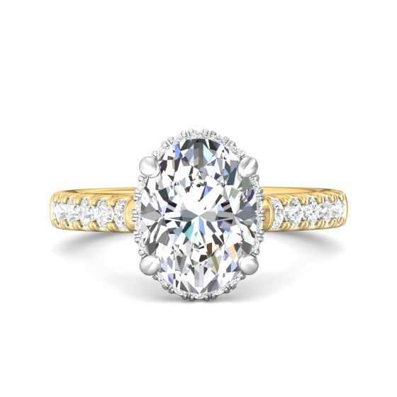 DG & Co. Signature Oval Cut Halo Diamond Engagement Ring 4 Claw Setting Pave Setting Side Stone -18K Yellow