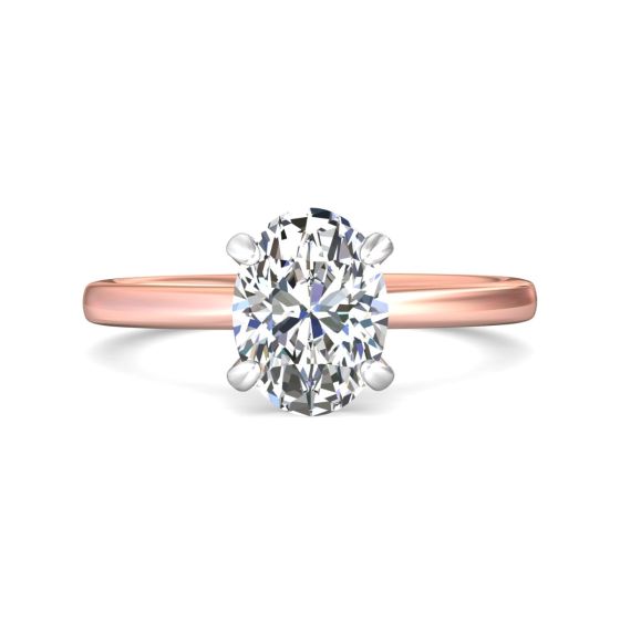  Solitaire Hidden Halo Oval Cut Diamond Engagement Ring Four Claw Setting In Two Tone 18K White and Rose