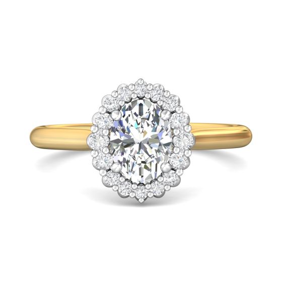 Claw Set Oval Cut Diamond Halo Engagement Ring with Plain Band -18K Yellow