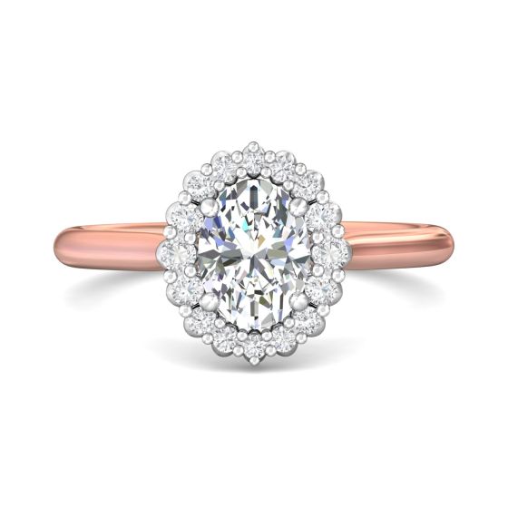 Claw Set Oval Cut Diamond Halo Engagement Ring with Plain Band -18K Rose