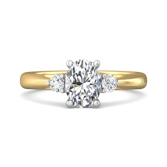 Trilogy Oval Cut Centre Stone Diamond Engagement Ring Side Stones Round Cut 3 Claw Setting-18K Yellow