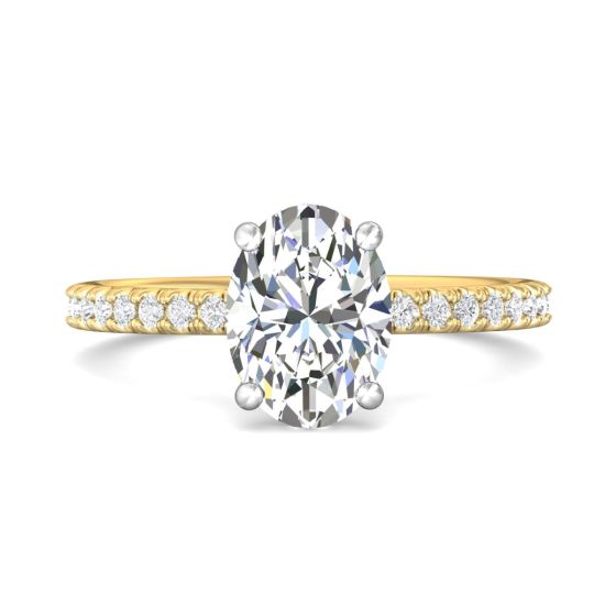 Two Tone Oval Cut Diamond Engagement Ring Pave Setting Side stone In 18K White And Yellow Gold 