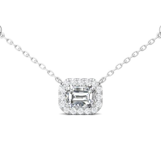 Emerald Cut Halo Diamond Pendant 4 Claw Setting Centre Stone Pave Setting Side Stone In 18K White Gold 