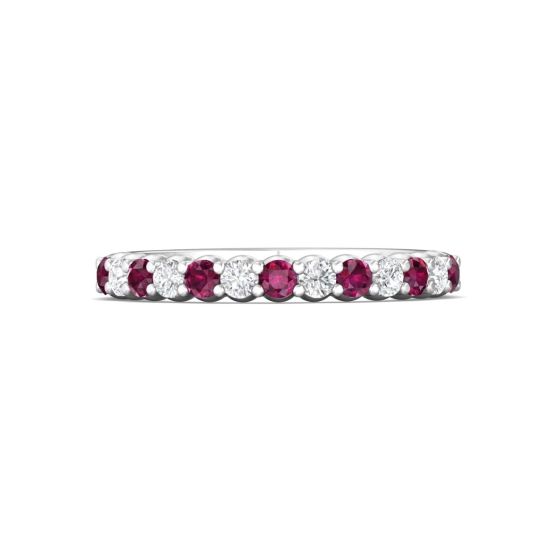 Shared Prong Ruby and Diamond Half Eternity Band In 18K White Gold 