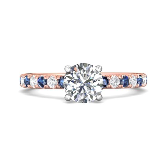 Round Cut 4 Claw Setting Diamond Sapphire Engagement Ring Pave Setting Side Stones -18K Rose