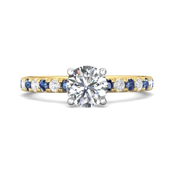 Round Cut 4 Claw Setting Diamond Sapphire Engagement Ring Pave Setting Side Stones -18K Yellow