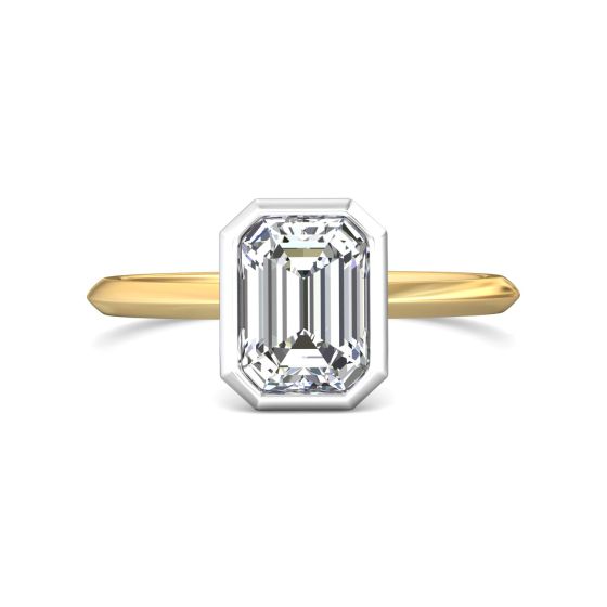 Bezel Set Emerald  Cut Diamond Engagement Ring In a Plain Knife Edge Band -18K Yellow