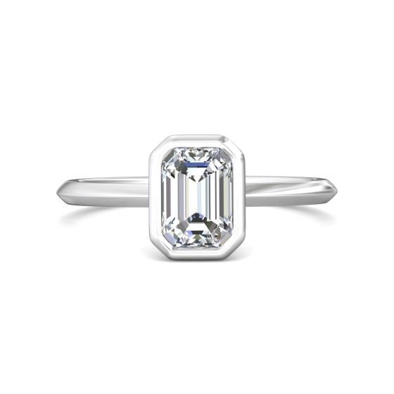 Bezel Set Emerald  Cut Diamond Engagement Ring In a Plain Knife Edge Band -Platinum