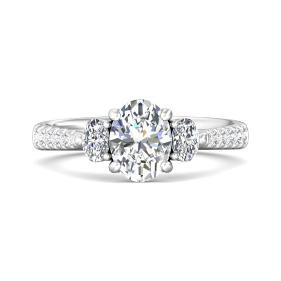 Oval Cut Trilogy 3 Stone 4 Claw Diamond Engagement Ring In a Pave Setting Side Stones-18K White