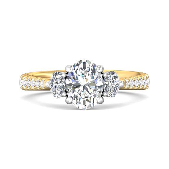 Oval Cut Trilogy 3 Stone 4 Claw Diamond Engagement Ring In a Pave Setting Side Stones-18K Yellow