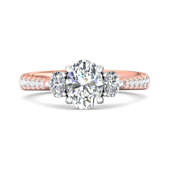 Oval Cut Trilogy 3 Stone 4 Claw Diamond Engagement Ring In a Pave Setting Side Stones-18K Rose