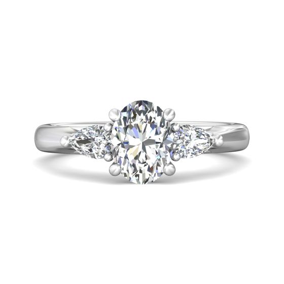 Trilogy Oval Cut Shape Diamond Engagement Ring Side Stones Pear Shape 3 Claw Setting  -18K White