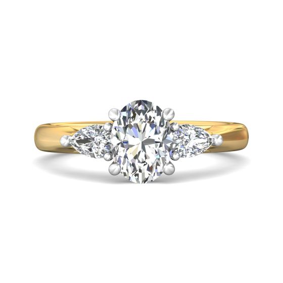 Trilogy Oval Cut Shape Diamond Engagement Ring Side Stones Pear Shape 3 Claw Setting  -18K Yellow