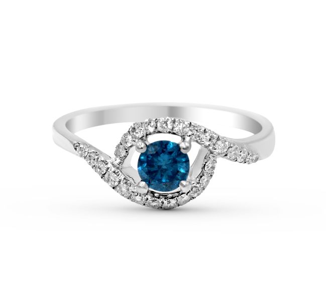 Blue Diamond Promise Ring  Round Cut 4 Claw Setting Pave Setting Side Stone In 18K White Gold 