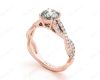 Twist Band Round Cut Four Claw Set Diamond Engagement Ring with Pave Set Stones Down the Shoulders in 18K Rose