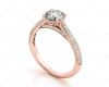 Vintage Style Round Cut Four Claw Set Diamond Ring with Micro Pave Set Stones Down the Shoulders In 18K Rose