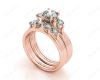 Round Cut Diamond three stones wedding set rings with claw set side stone in 18K Rose