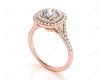 Round Cut Split Shank Diamond Engagement Ring with Double Halo and Pave Set Side Stones in 18K Rose