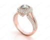 Round Cut Split Shank Milgrain Halo Engagement Ring with Micro Pave Set Diamonds on the Halo and sidestones in 18K Rose